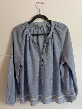 Lucky Brand Light Blue/White Embroider Hem Long Sleeve Peasant Blouse/Top  Sz L